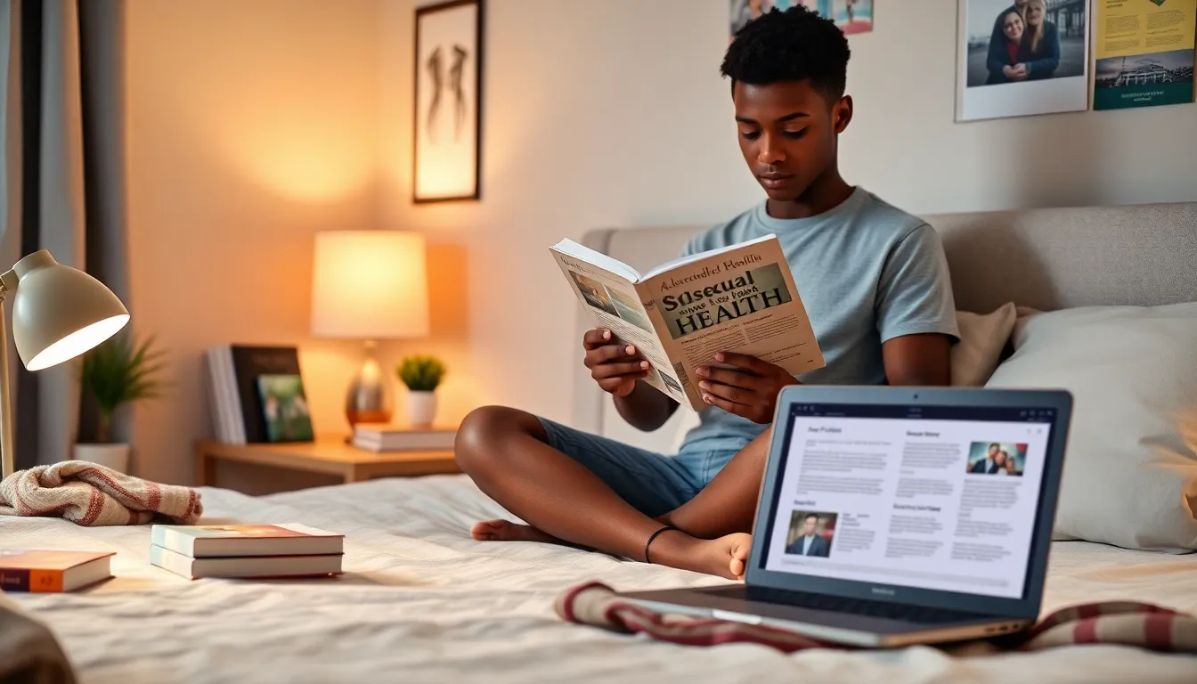Teen in a bedroom reading about adolescent sexual health.