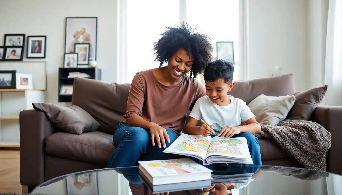 single mother joyfully engaging with her child in a modern living room.