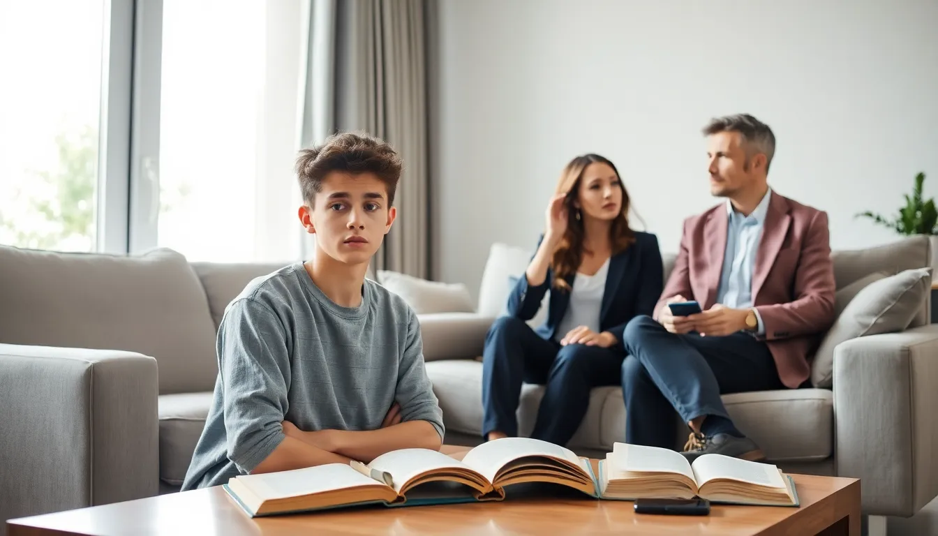 teenage boy in a living room with his concerned parents.