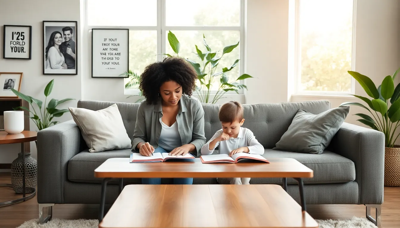 a single mother helping her child with homework in a cozy living room.