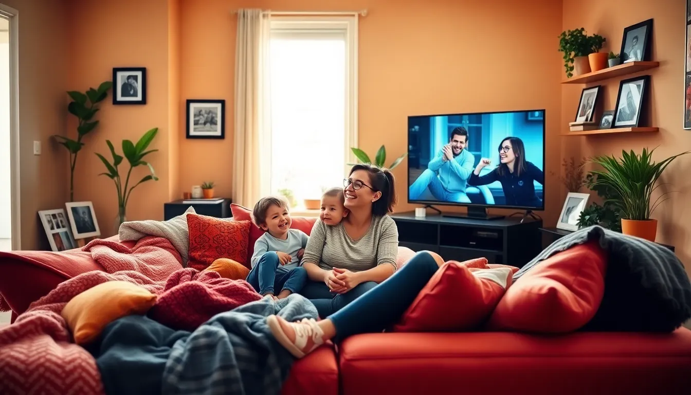 A solo parent enjoying a movie night with her child in a cozy living room.