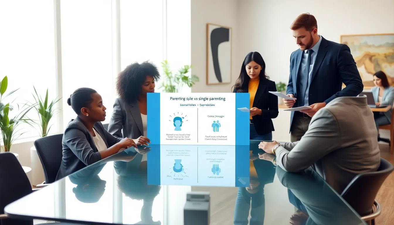 diverse professionals discussing parenting styles in a modern office.
