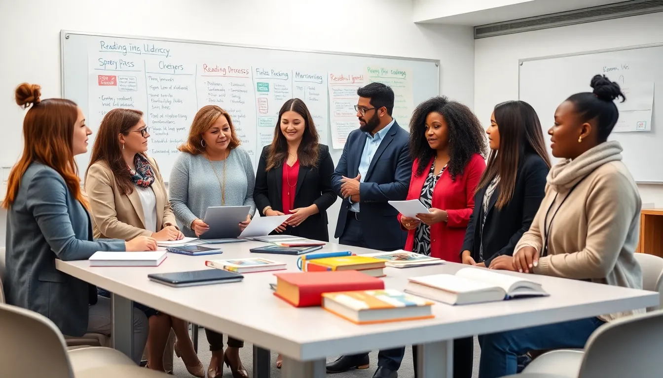 diverse educators collaborating on reading and literacy strategies in a modern classroom.
