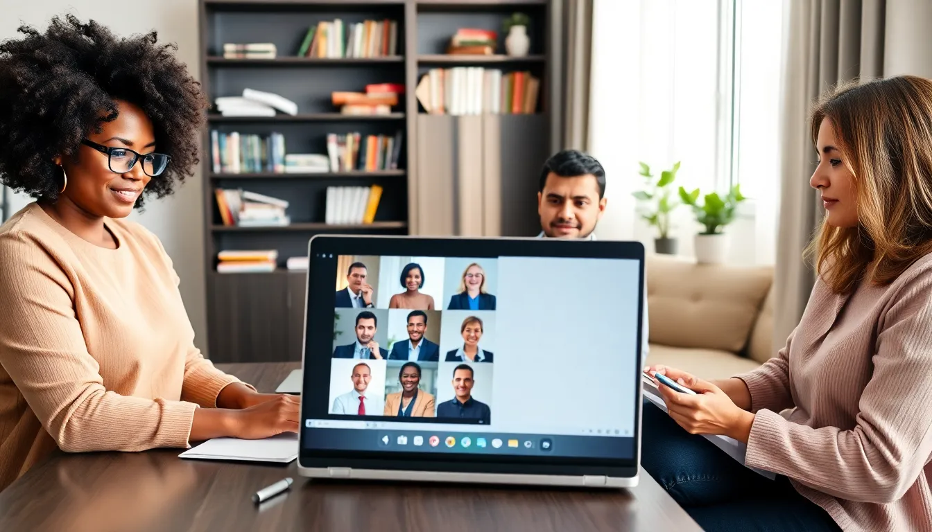 diverse professionals in a modern home office participating in an online literacy program.