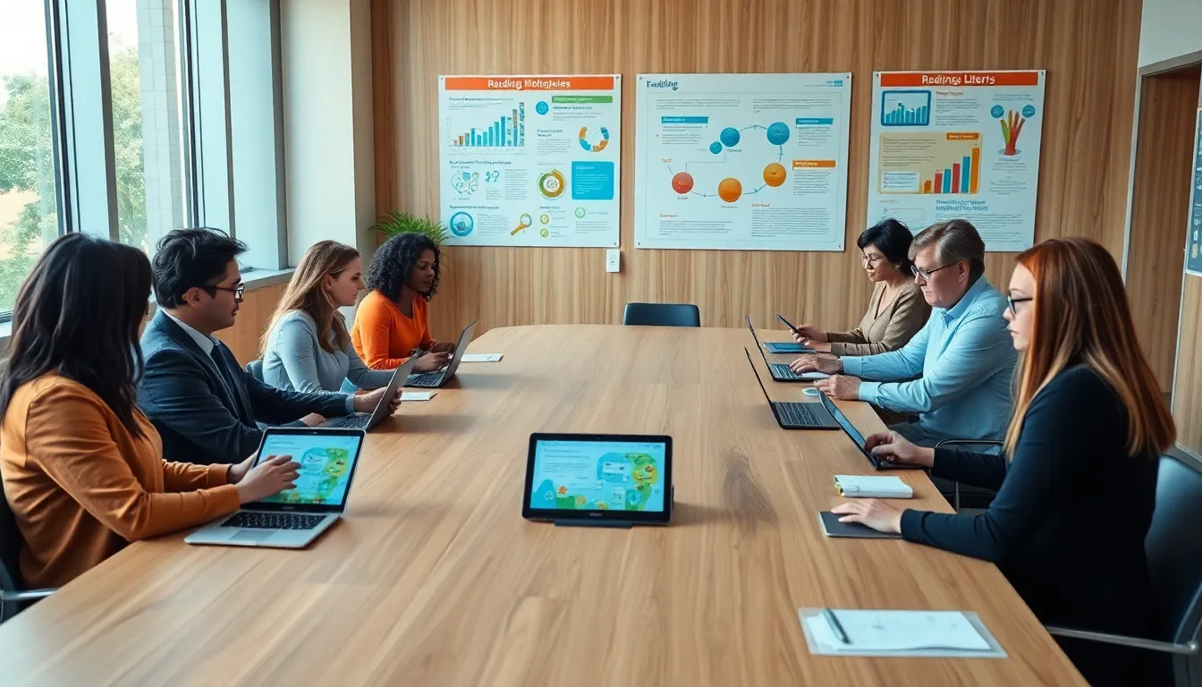 educators collaborating on reading and literacy programs in a modern classroom.